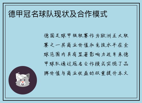 德甲冠名球队现状及合作模式